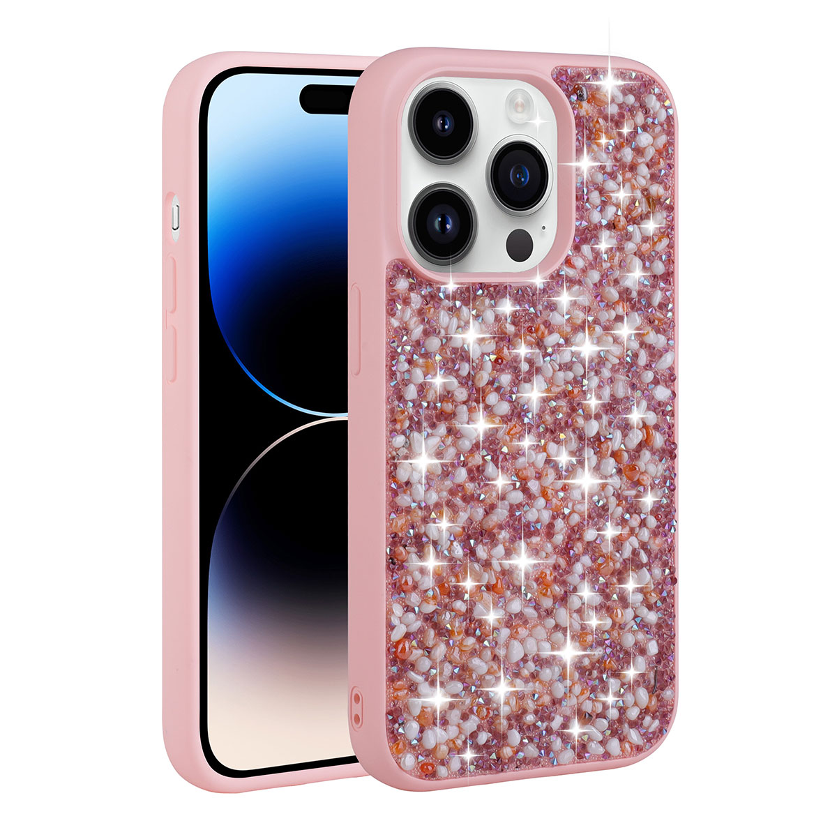 iPhone Uyumlu 14 Pro Kılıf Parlak Taşlı Tasarım Zore Linea Kapak-Pembe