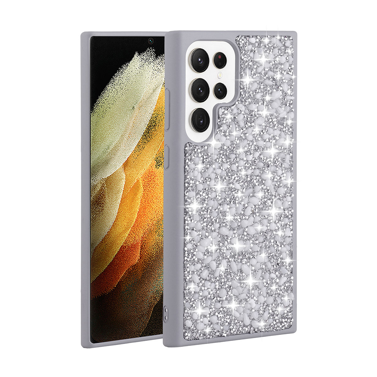 Galaxy Uyumlu S23 Ultra Kılıf Parlak Taşlı Tasarım Zore Linea Kapak-Gümüş