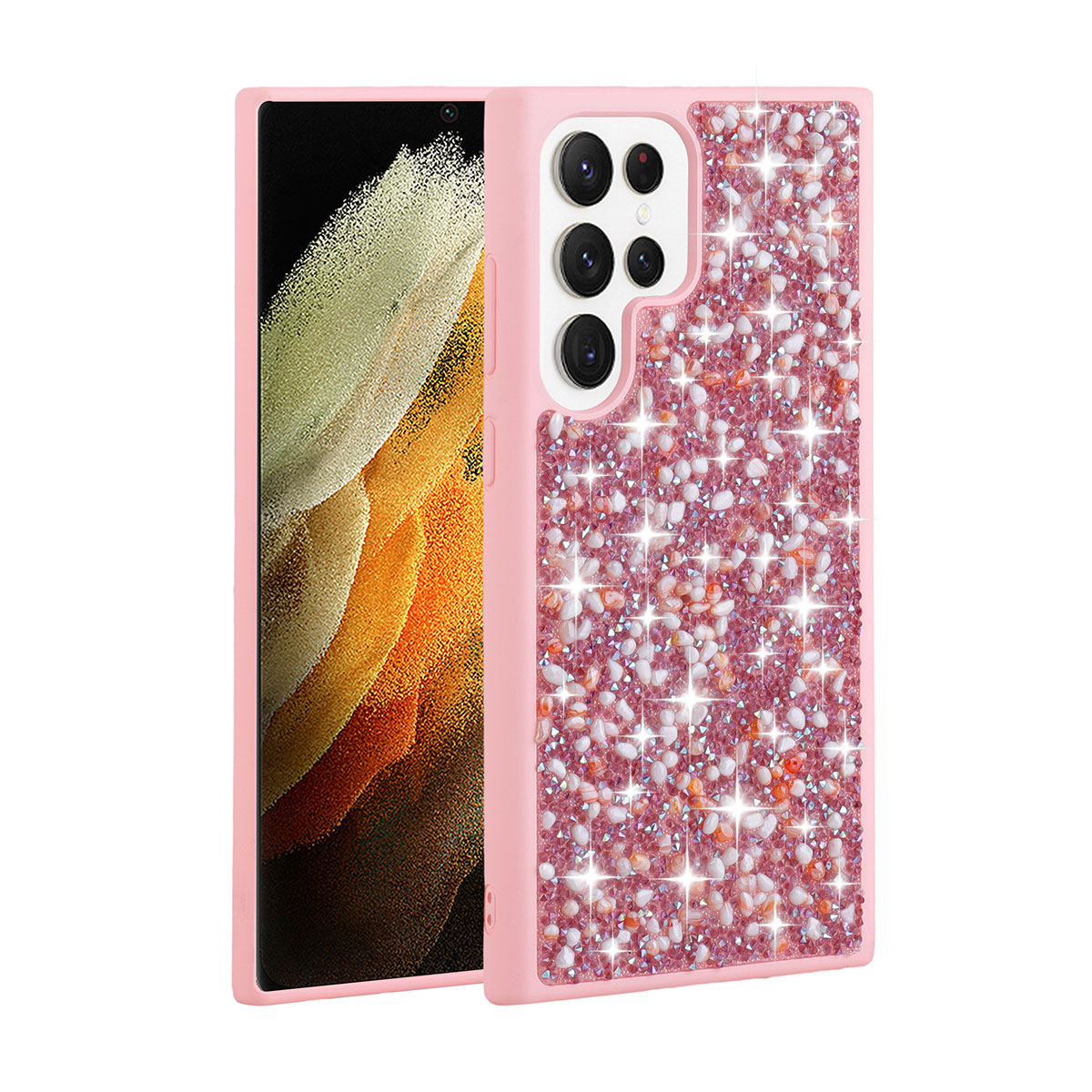 Galaxy Uyumlu S23 Ultra Kılıf Parlak Taşlı Tasarım Zore Linea Kapak-Pembe