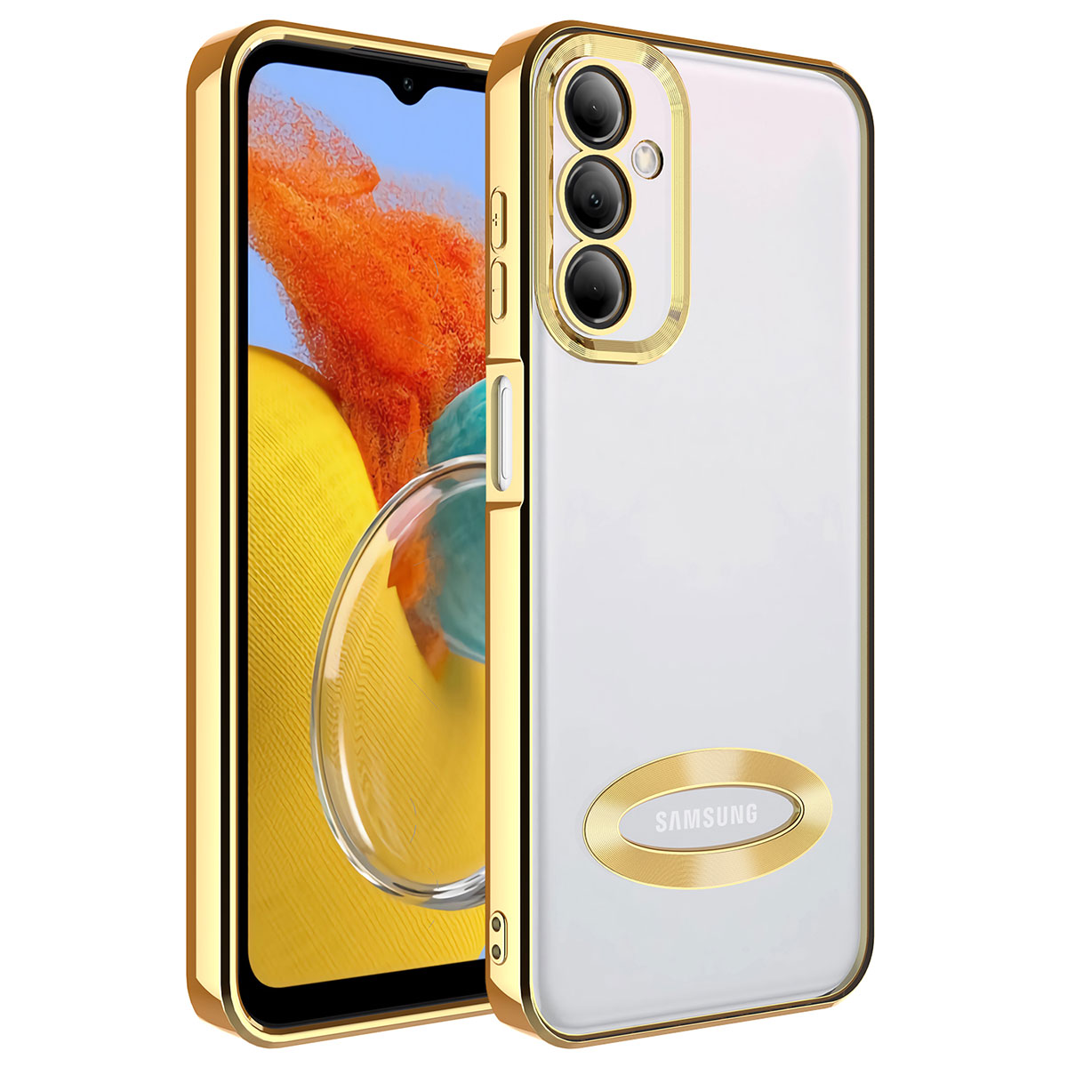Galaxy Uyumlu M14 Kılıf Kamera Korumalı Logo Gösteren Zore Omega Kapak-Gold