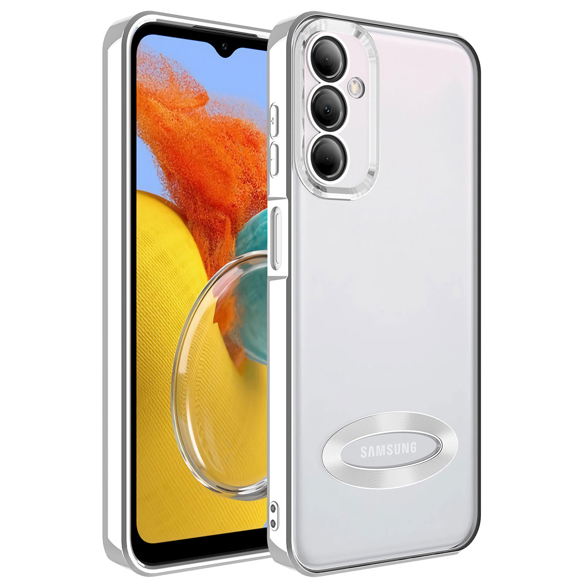 Galaxy Uyumlu M14 Kılıf Kamera Korumalı Logo Gösteren Zore Omega Kapak-Gümüş