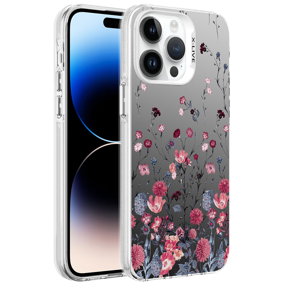 iPhone Uyumlu 14 Pro Max Kılıf Desenli Zore Silver Sert Kapak-Çiçek
