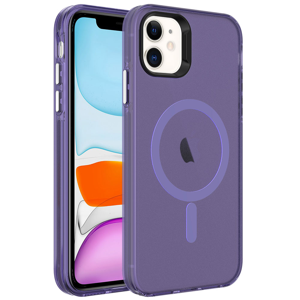 iPhone Uyumlu 11 Kılıf Zore M-safe Şarj Özellikli Buzlu Transparan C-Pro Sert Kapak-Derin mor