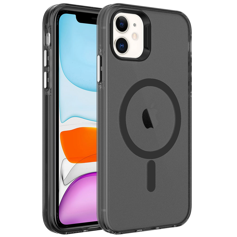 iPhone Uyumlu 11 Kılıf Zore M-safe Şarj Özellikli Buzlu Transparan C-Pro Sert Kapak-Siyah