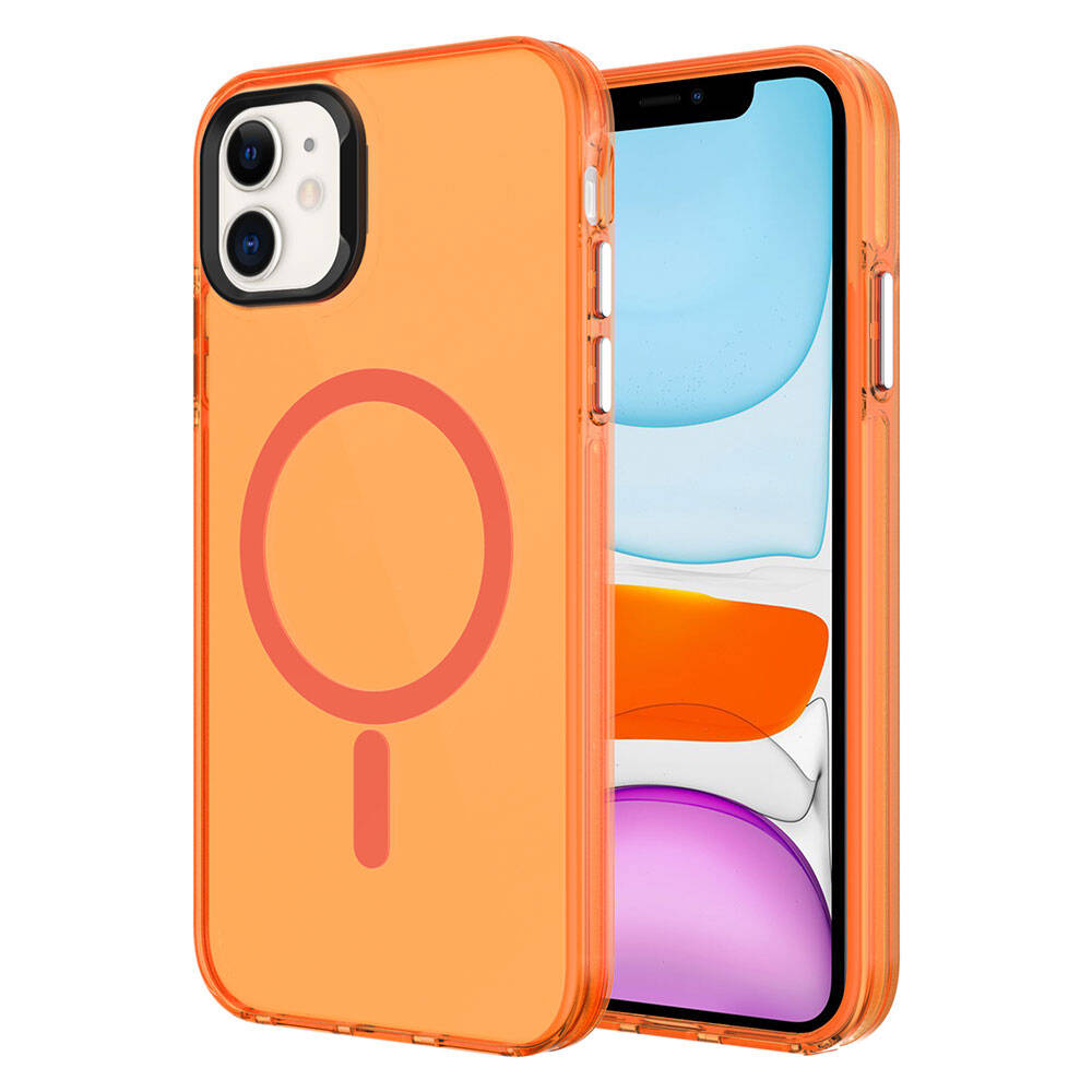 iPhone Uyumlu 11 Kılıf Zore M-safe Şarj Özellikli Buzlu Transparan C-Pro Sert Kapak-Turuncu
