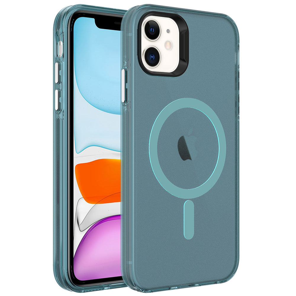 iPhone Uyumlu 11 Kılıf Zore M-safe Şarj Özellikli Buzlu Transparan C-Pro Sert Kapak-Yeşil