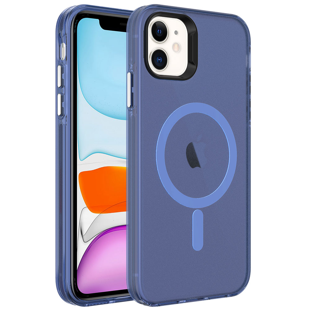 iPhone Uyumlu 12 Kılıf Zore M-safe Şarj Özellikli Buzlu Transparan C-Pro Sert Kapak-Lacivert