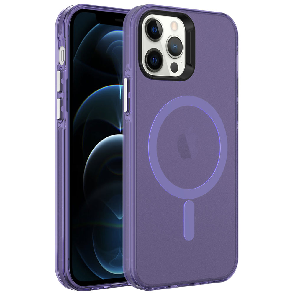 iPhone Uyumlu 12 Pro Kılıf Zore M-safe Şarj Özellikli Buzlu Transparan C-Pro Sert Kapak-Derin mor