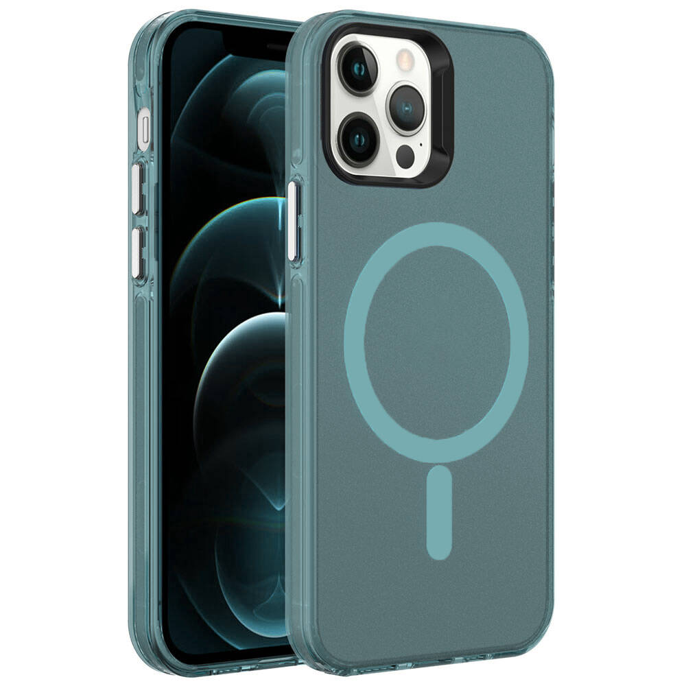 iPhone Uyumlu 12 Pro Kılıf Zore M-safe Şarj Özellikli Buzlu Transparan C-Pro Sert Kapak-Koyu yeşil