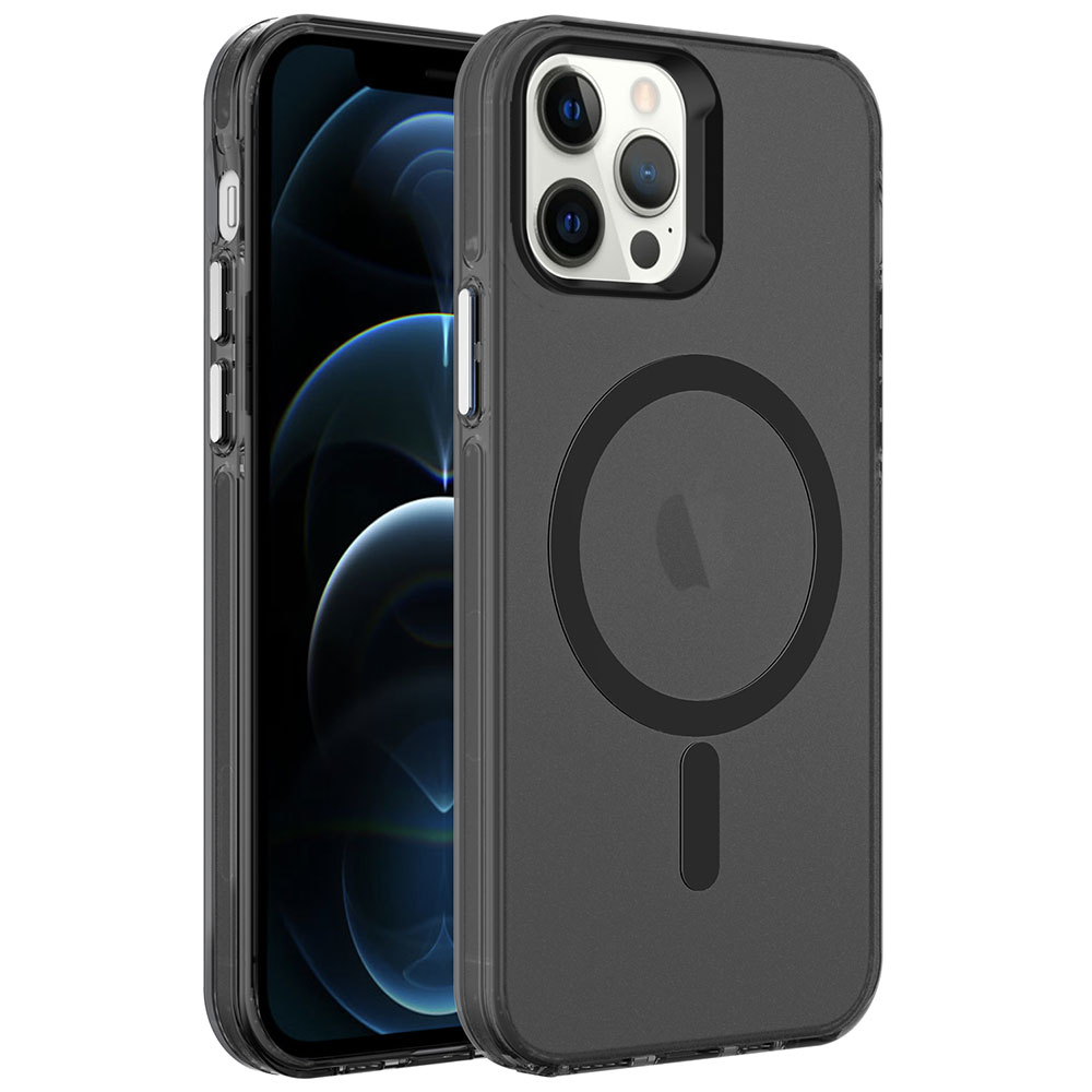 iPhone Uyumlu 12 Pro Kılıf Zore M-safe Şarj Özellikli Buzlu Transparan C-Pro Sert Kapak-Siyah