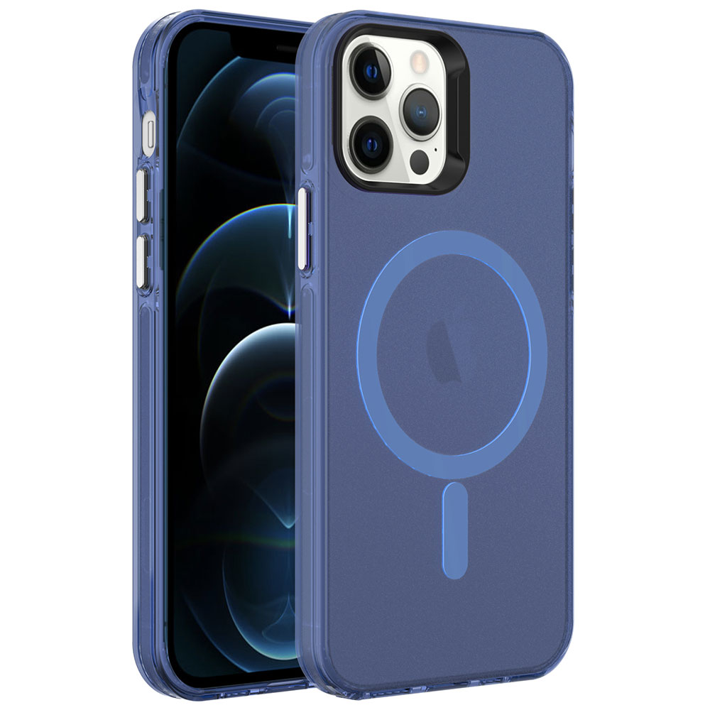 iPhone Uyumlu 12 Pro Max Kılıf Zore M-safe Şarj Özellikli Buzlu Transparan C-Pro Sert Kapak-Lacivert