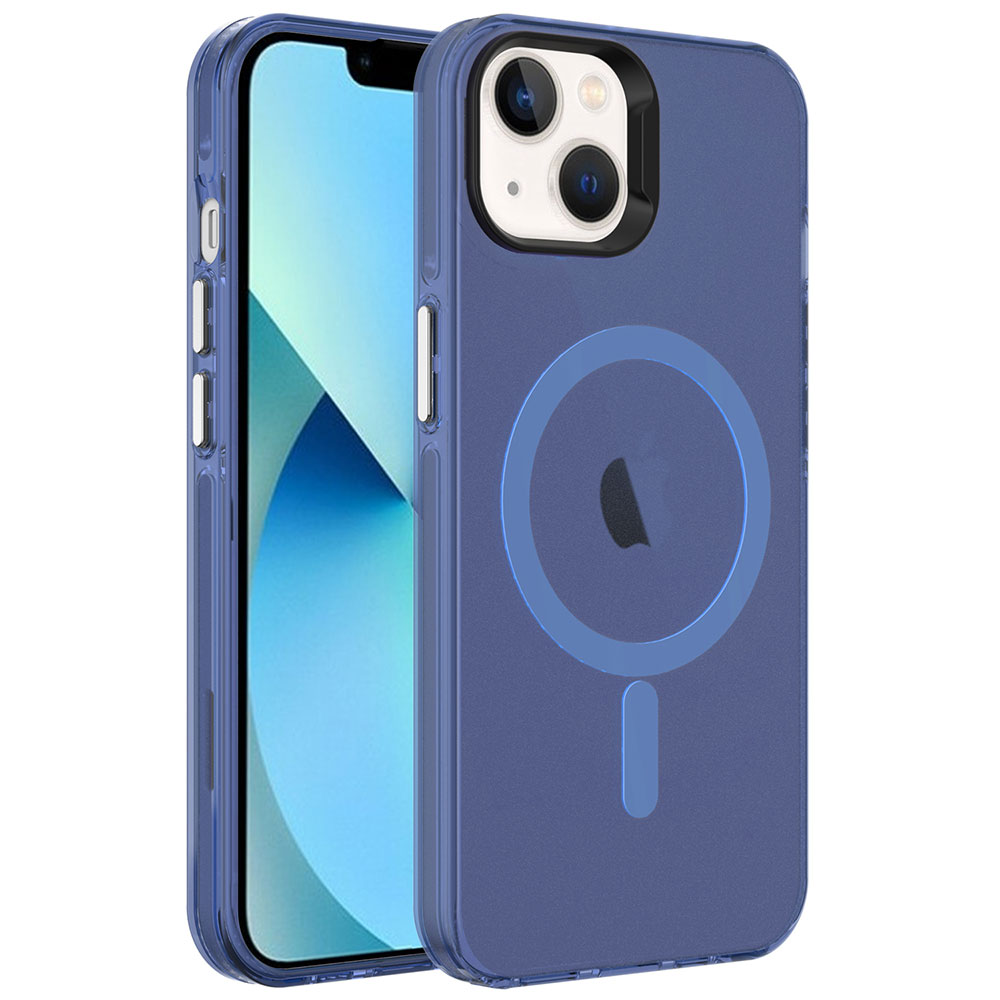 iPhone Uyumlu 13 Kılıf Zore M-safe Şarj Özellikli Buzlu Transparan C-Pro Sert Kapak-Lacivert