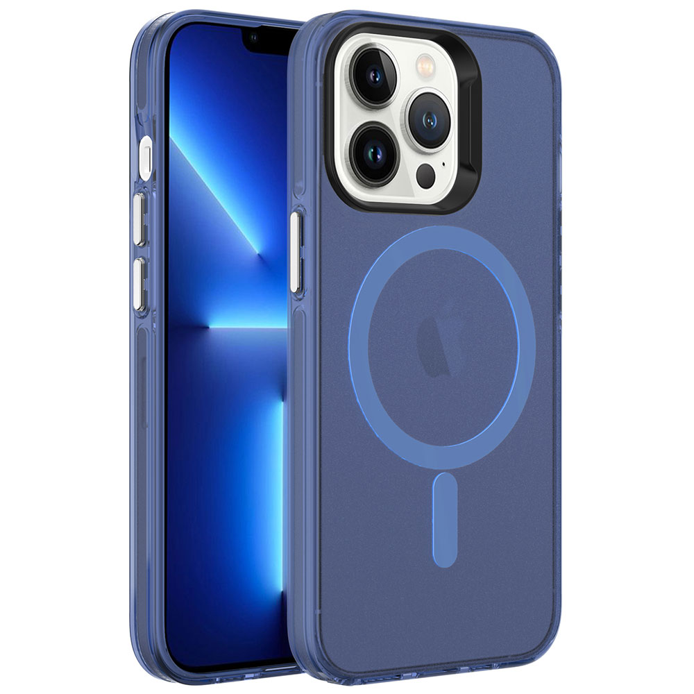 iPhone Uyumlu 13 Pro Max Kılıf Zore M-safe Şarj Özellikli Buzlu Transparan C-Pro Sert Kapak-Lacivert