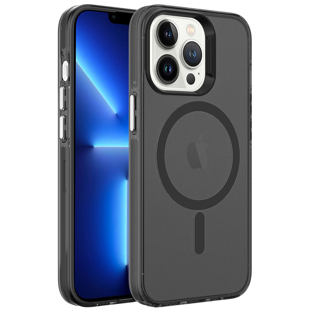 iPhone Uyumlu 13 Pro Max Kılıf Zore M-safe Şarj Özellikli Buzlu Transparan C-Pro Sert Kapak-Siyah