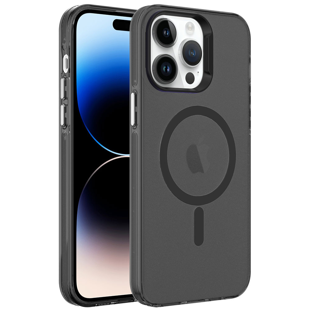 iPhone Uyumlu 14 Pro Kılıf Zore M-safe Şarj Özellikli Buzlu Transparan C-Pro Sert Kapak-Siyah