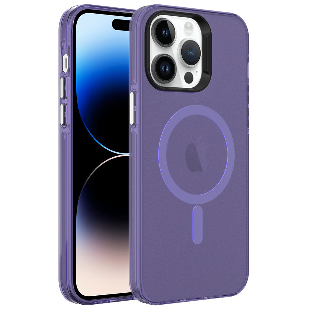 iPhone Uyumlu 14 Pro Max Kılıf Zore M-safe Şarj Özellikli Buzlu Transparan C-Pro Sert Kapak-Derin mor