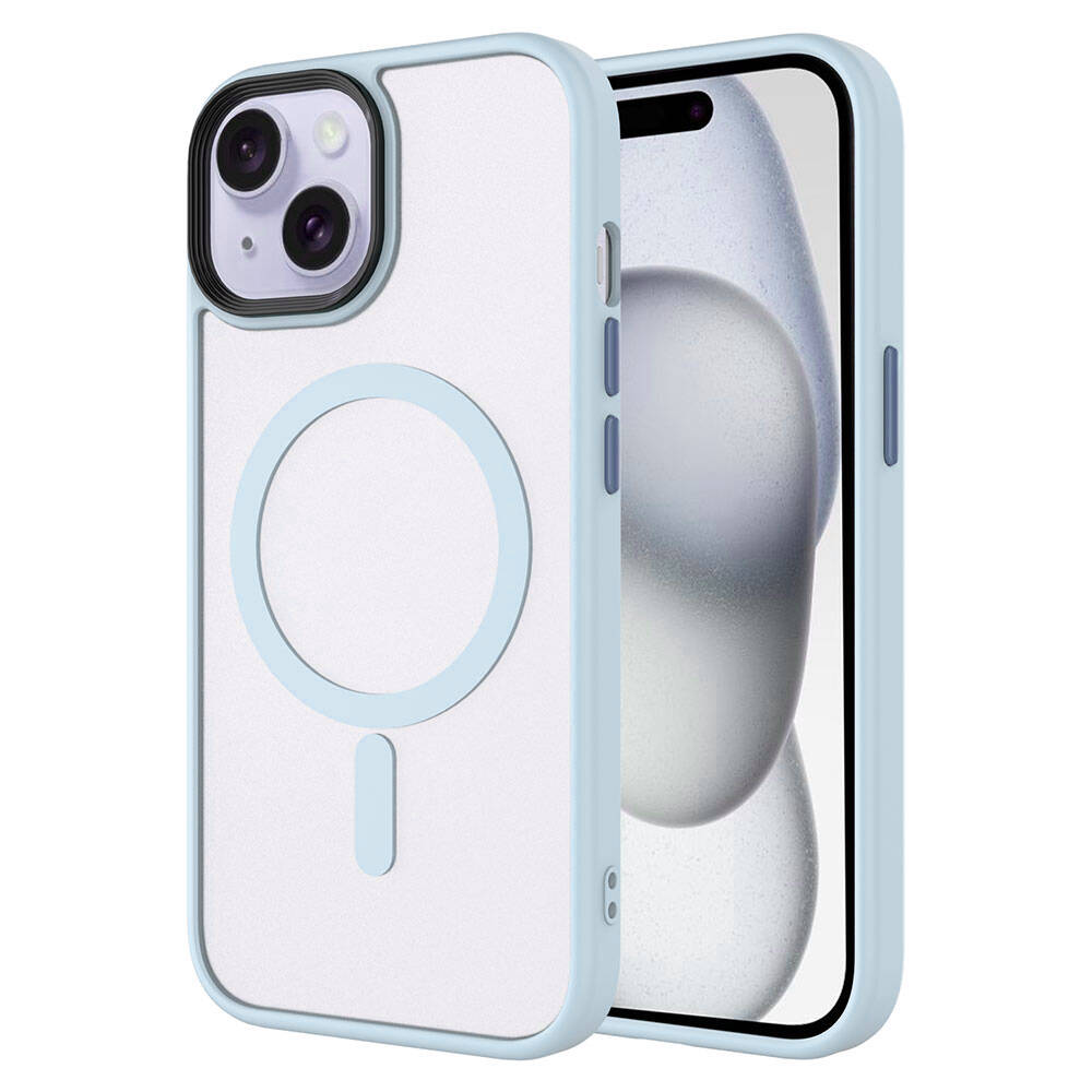iPhone Uyumlu 15 Kılıf Mat Arka Yüzey Wireless Şarj Özellikli Zore Flet M-safe Kapak-Mavi açık