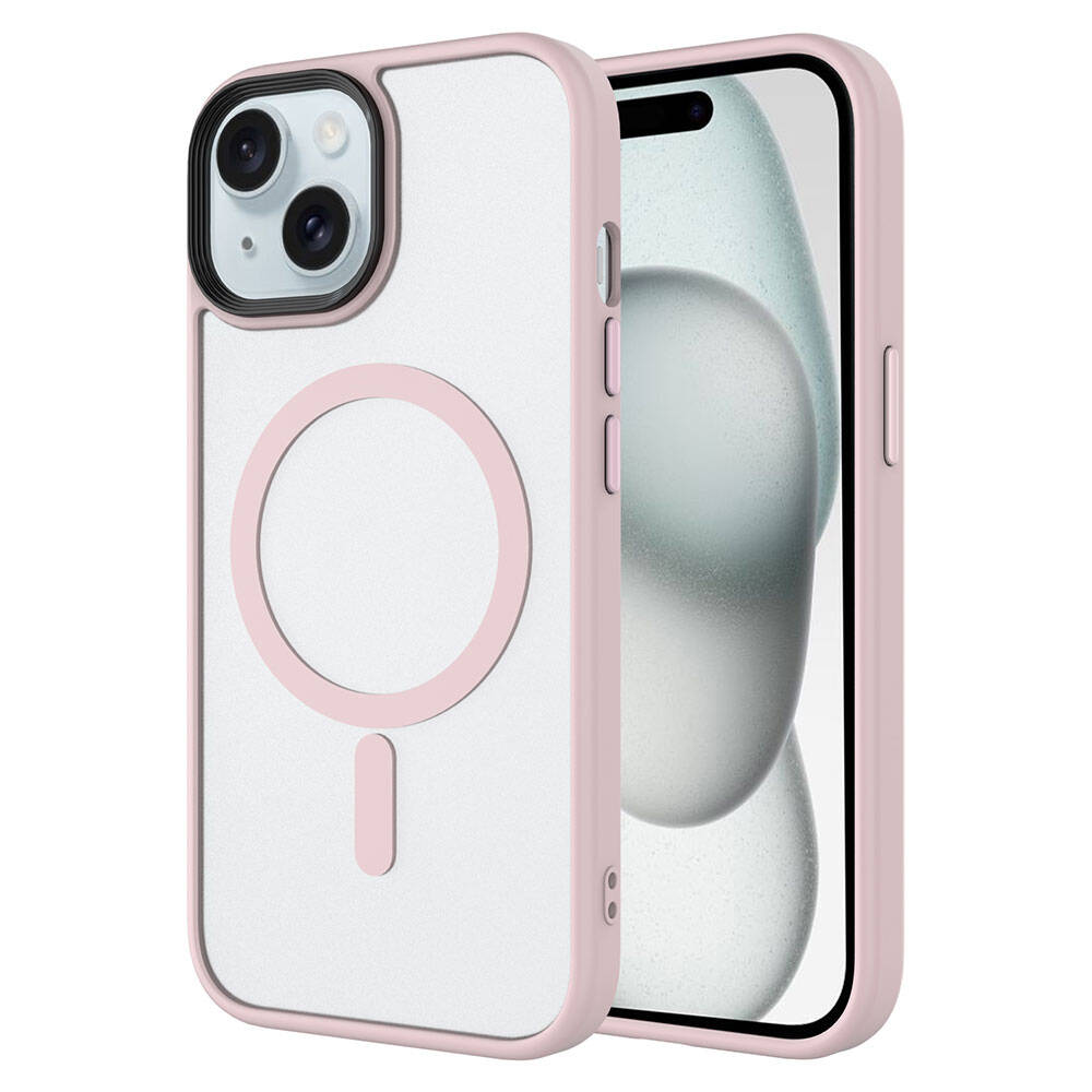 iPhone Uyumlu 15 Kılıf Mat Arka Yüzey Wireless Şarj Özellikli Zore Flet M-safe Kapak-Pembe