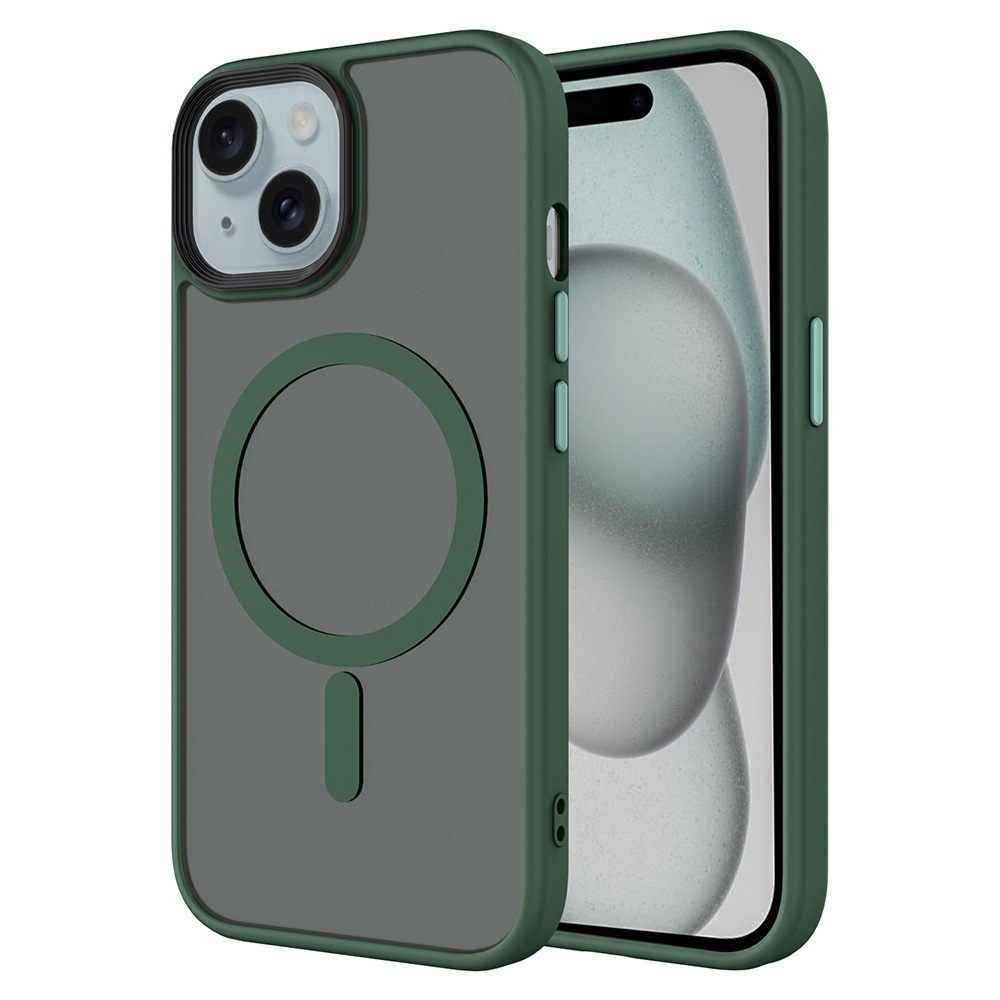 iPhone Uyumlu 15 Plus Kılıf Mat Arka Yüzey Wireless Şarj Özellikli Zore Flet M-safe Kapak-Koyu yeşil