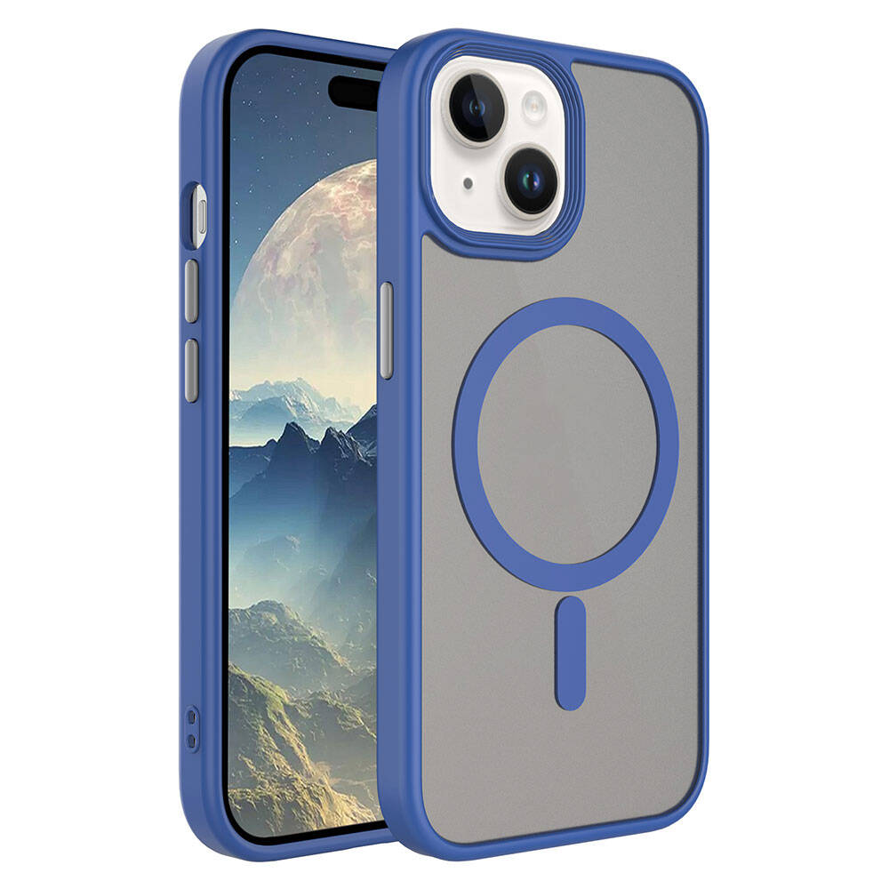 iPhone Uyumlu 15 Plus Kılıf Mat Arka Yüzey Wireless Şarj Özellikli Zore Flet M-safe Kapak-Mavi