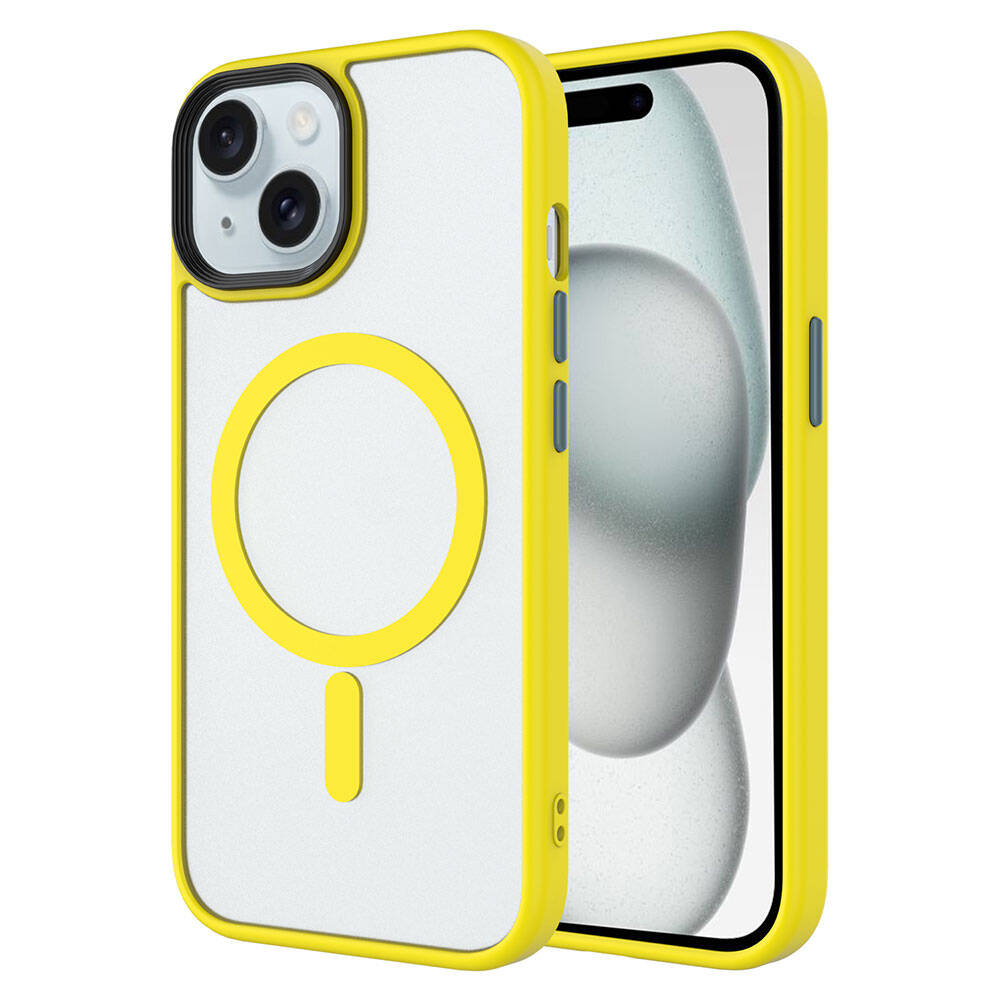 iPhone Uyumlu 15 Plus Kılıf Mat Arka Yüzey Wireless Şarj Özellikli Zore Flet M-safe Kapak-Sarı
