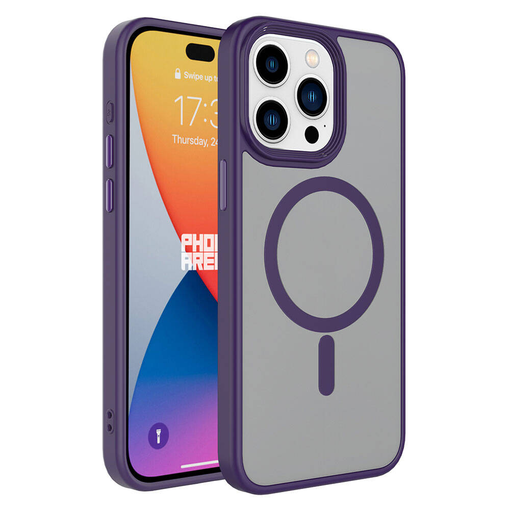 iPhone Uyumlu 15 Pro Max Kılıf Mat Arka Yüzey Wireless Şarj Özellikli Zore Flet M-safe Kapak-Derin mor
