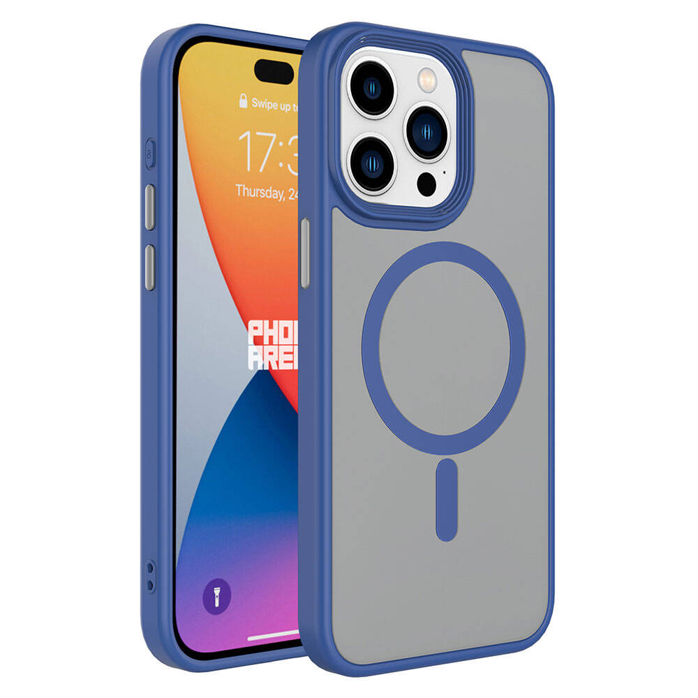 iPhone Uyumlu 15 Pro Max Kılıf Mat Arka Yüzey Wireless Şarj Özellikli Zore Flet M-safe Kapak-Mavi