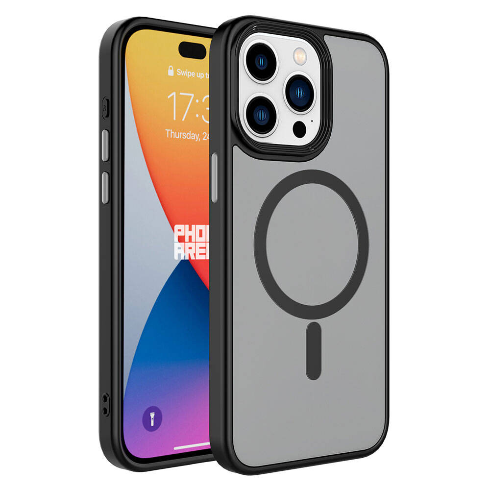 iPhone Uyumlu 15 Pro Max Kılıf Mat Arka Yüzey Wireless Şarj Özellikli Zore Flet M-safe Kapak-Siyah