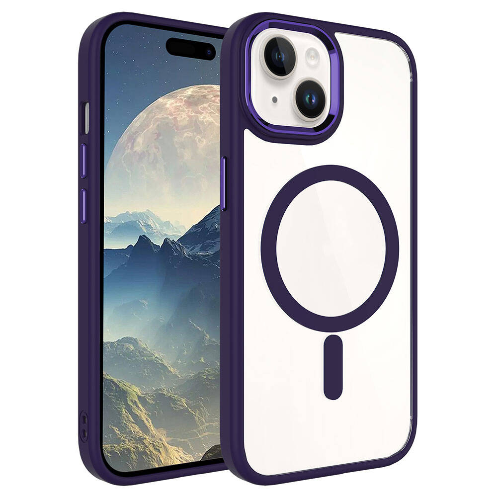 iPhone Uyumlu 15 Kılıf Wireless Şarj Özellikli Zore Krom M-safe Silikon Kapak-Derin mor