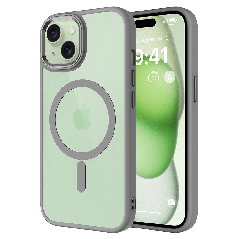 iPhone Uyumlu 15 Kılıf Wireless Şarj Özellikli Zore Krom M-safe Silikon Kapak-Gri