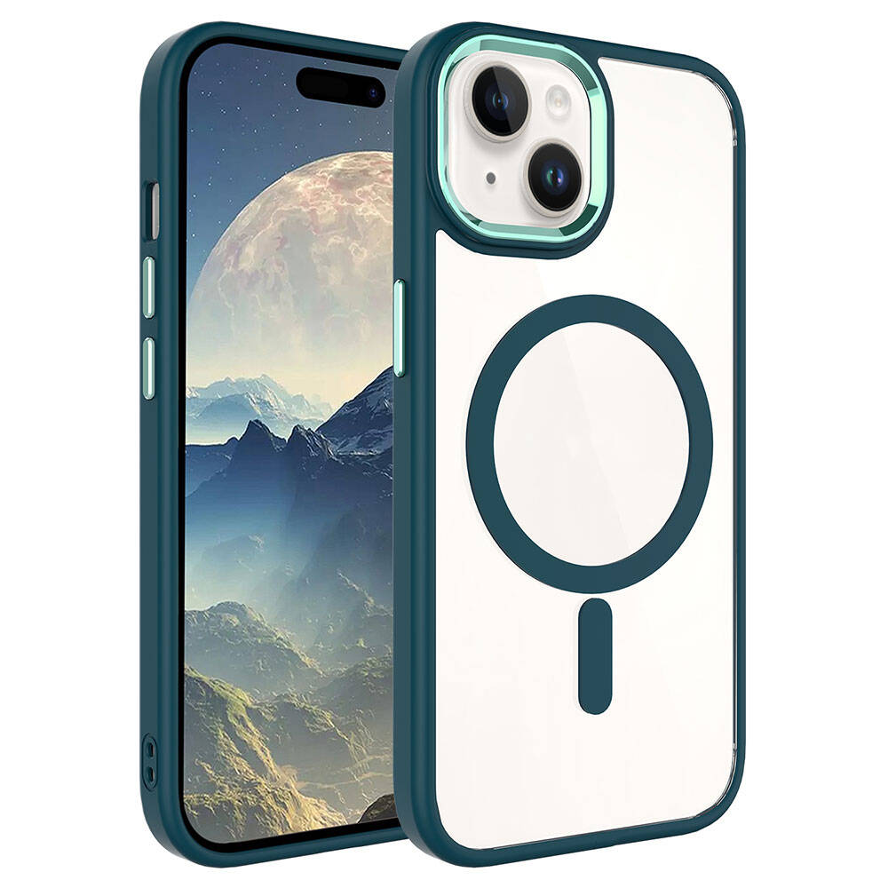 iPhone Uyumlu 15 Kılıf Wireless Şarj Özellikli Zore Krom M-safe Silikon Kapak-Koyu yeşil