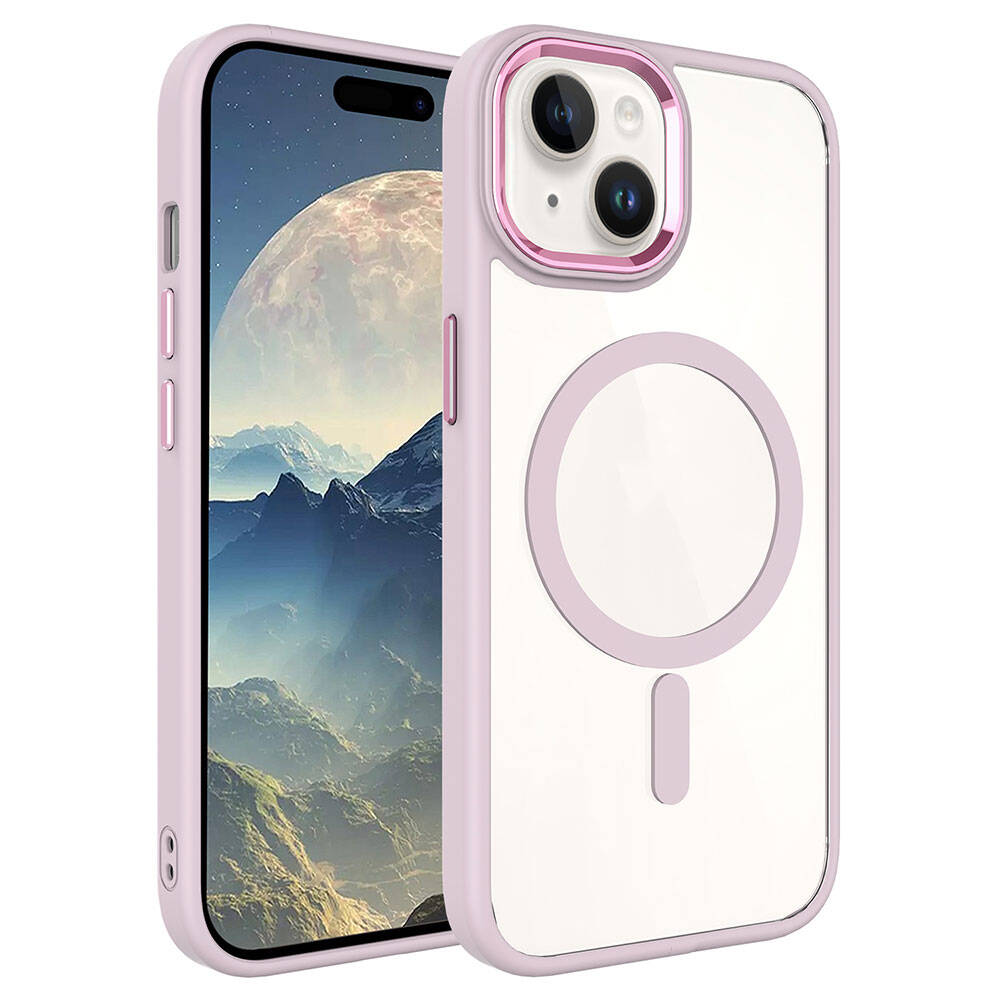 iPhone Uyumlu 15 Kılıf Wireless Şarj Özellikli Zore Krom M-safe Silikon Kapak-Pembe açık