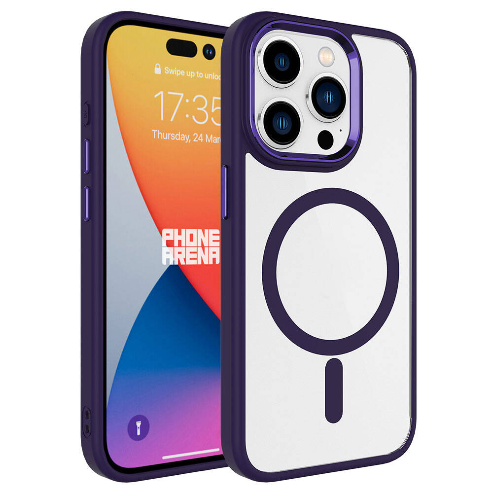 iPhone Uyumlu 15 Pro Max Kılıf Wireless Şarj Özellikli Zore Krom M-safe Silikon Kapak-Derin mor