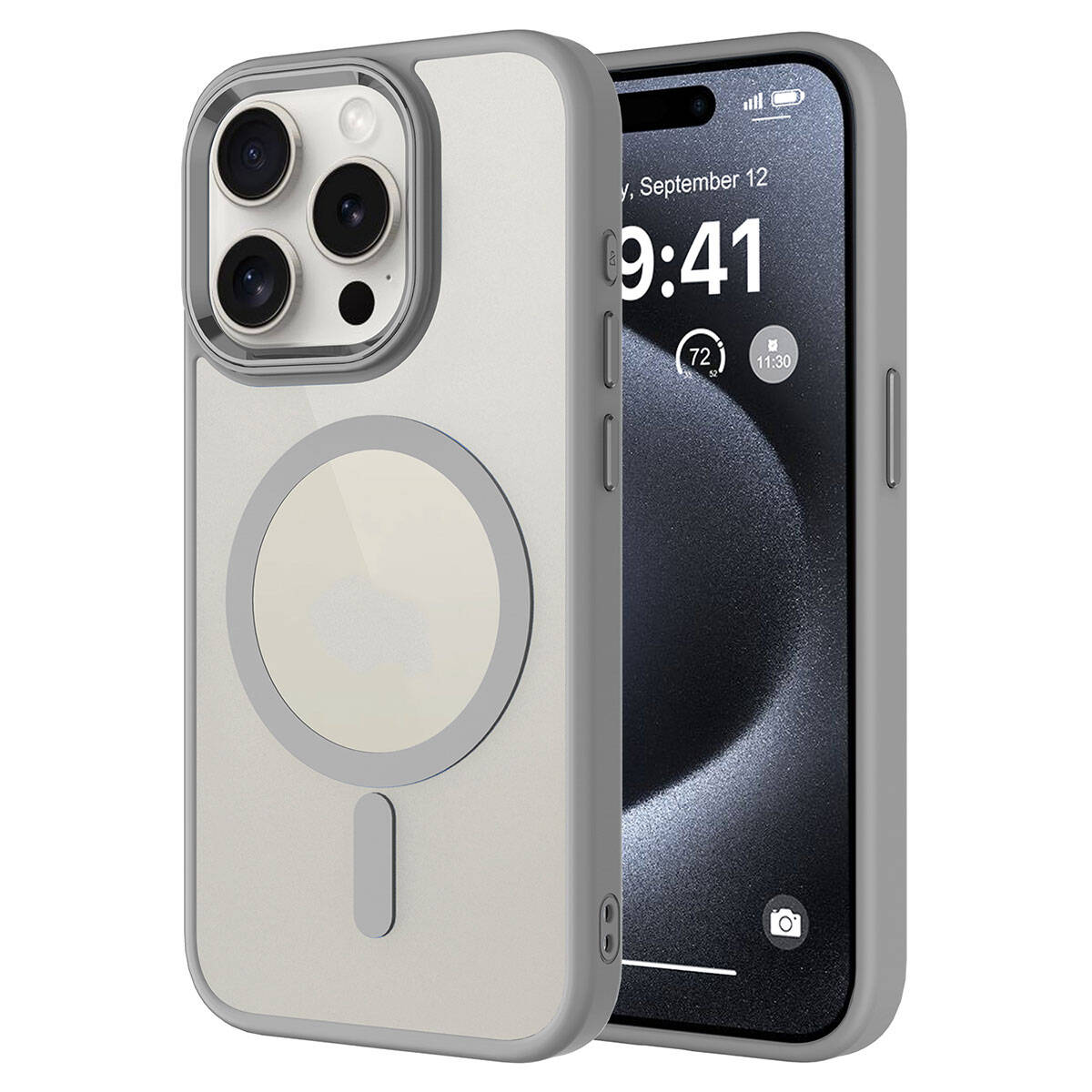 iPhone Uyumlu 15 Pro Max Kılıf Wireless Şarj Özellikli Zore Krom M-safe Silikon Kapak-Gri