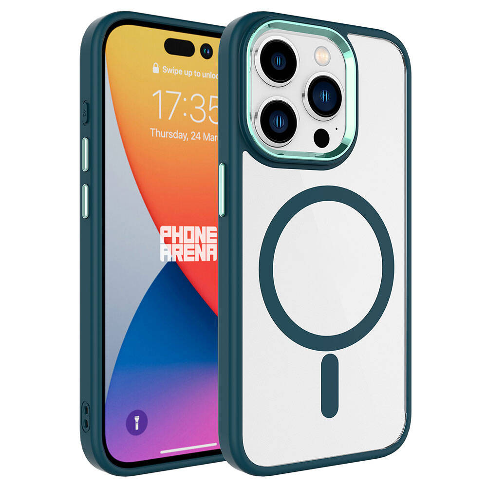 iPhone Uyumlu 15 Pro Max Kılıf Wireless Şarj Özellikli Zore Krom M-safe Silikon Kapak-Koyu yeşil