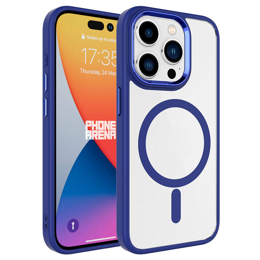 iPhone Uyumlu 15 Pro Max Kılıf Wireless Şarj Özellikli Zore Krom M-safe Silikon Kapak-Lacivert