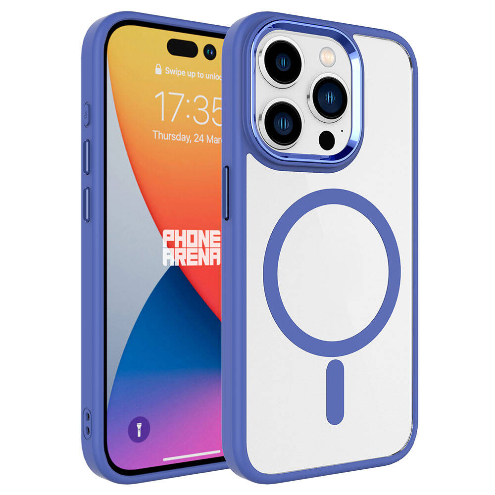 iPhone Uyumlu 15 Pro Max Kılıf Wireless Şarj Özellikli Zore Krom M-safe Silikon Kapak-Mavi