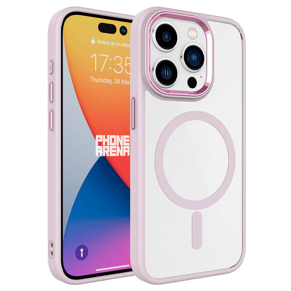 iPhone Uyumlu 15 Pro Max Kılıf Wireless Şarj Özellikli Zore Krom M-safe Silikon Kapak-Pembe açık