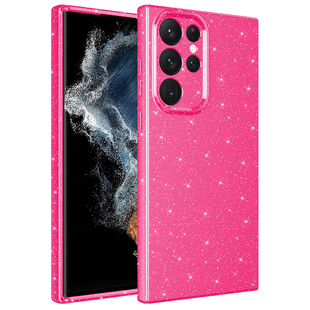 Galaxy Uyumlu S22 Ultra Kılıf Kamera Korumalı Simli Lüks Zore Koton Kapak-Pembe koyu