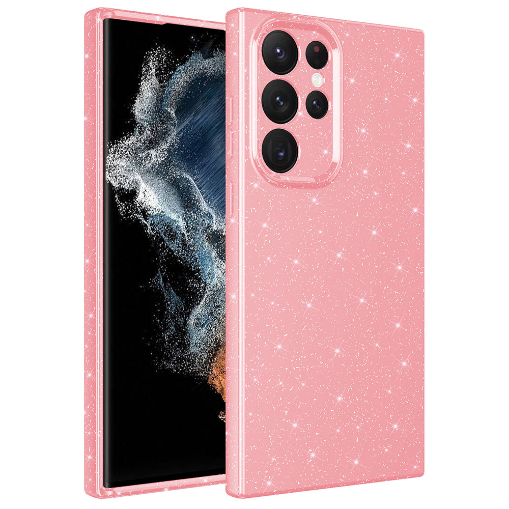 Galaxy Uyumlu S22 Ultra Kılıf Kamera Korumalı Simli Lüks Zore Koton Kapak-Pembe