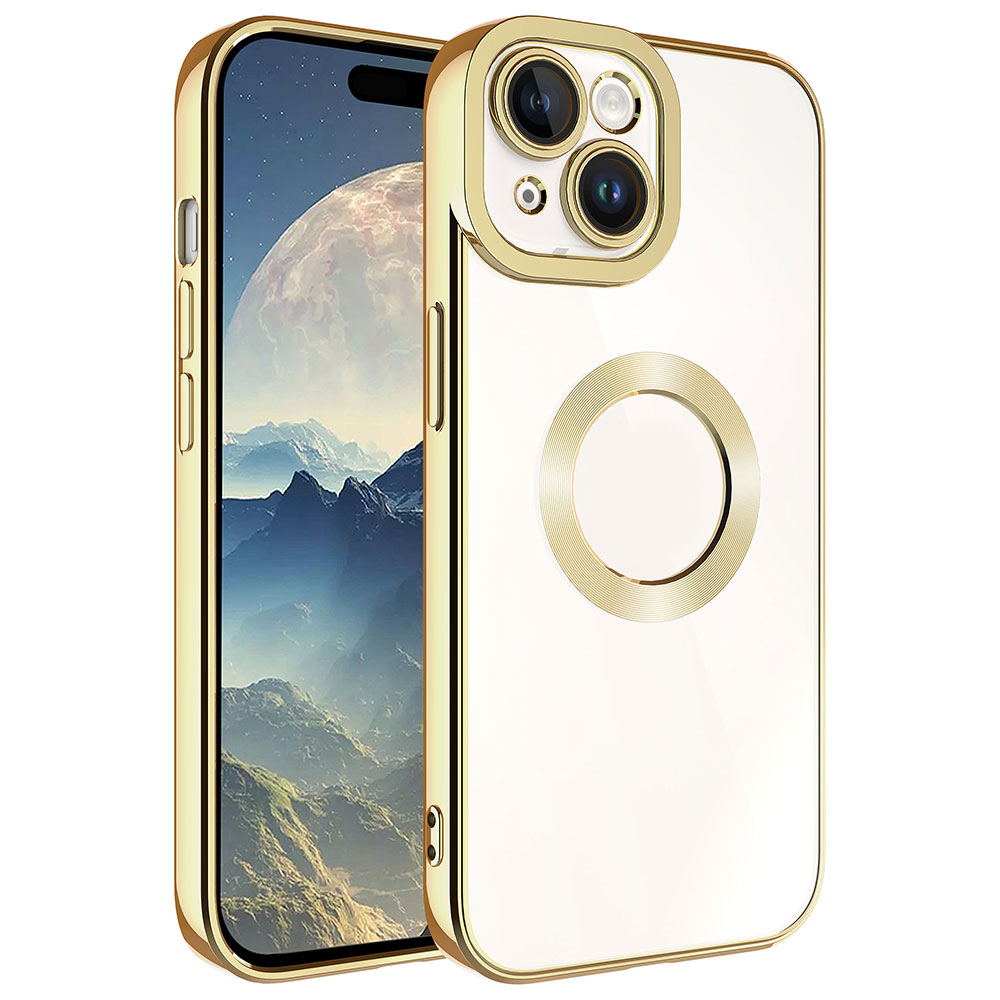 iPhone Uyumlu 15 Kılıf Kamera Korumalı Logo Gösteren Zore Omega Kapak-Gold