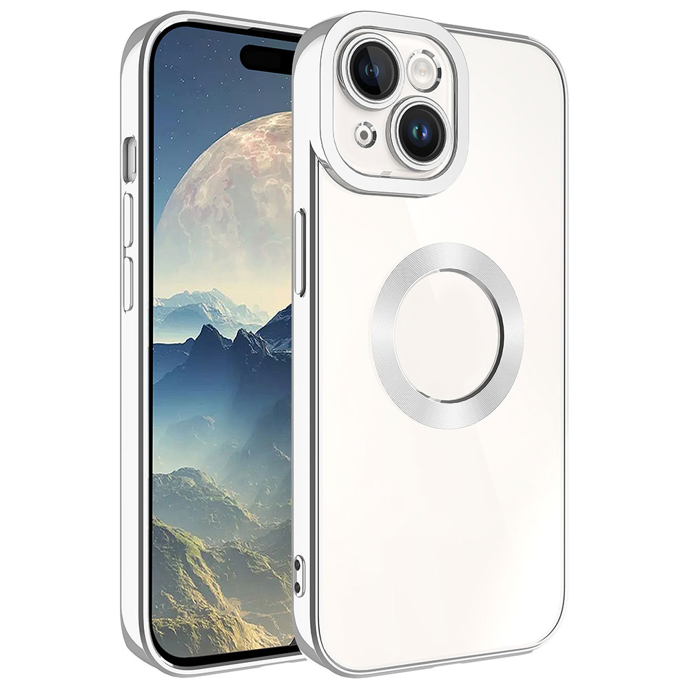 iPhone Uyumlu 15 Kılıf Kamera Korumalı Logo Gösteren Zore Omega Kapak-Gümüş