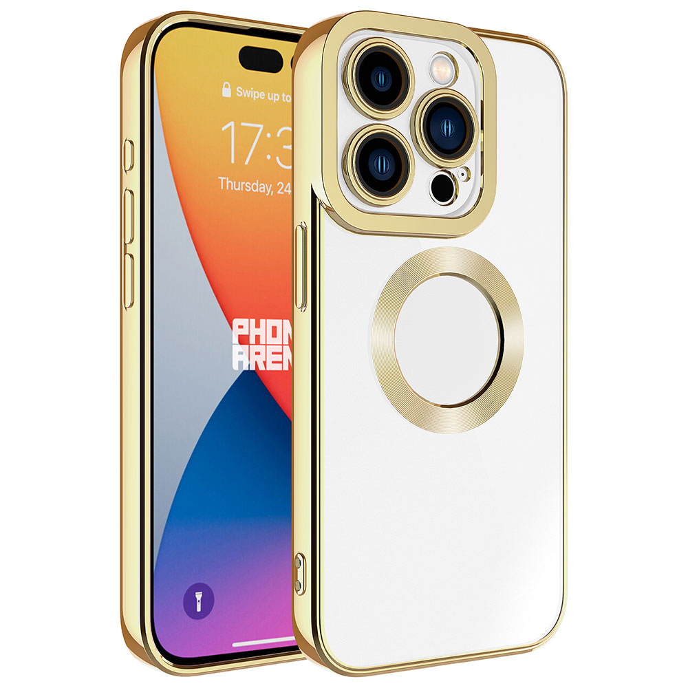 iPhone Uyumlu 15 Pro Kılıf Kamera Korumalı Logo Gösteren Zore Omega Kapak-Gold