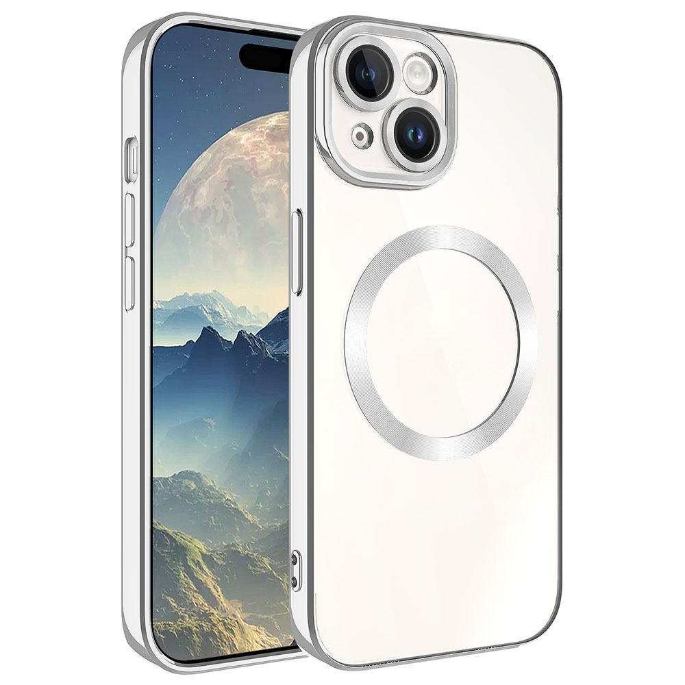 iPhone Uyumlu 15 Plus Kılıf M-safe Wireless Şarj Özellikli Zore Setro Silikon-Gümüş