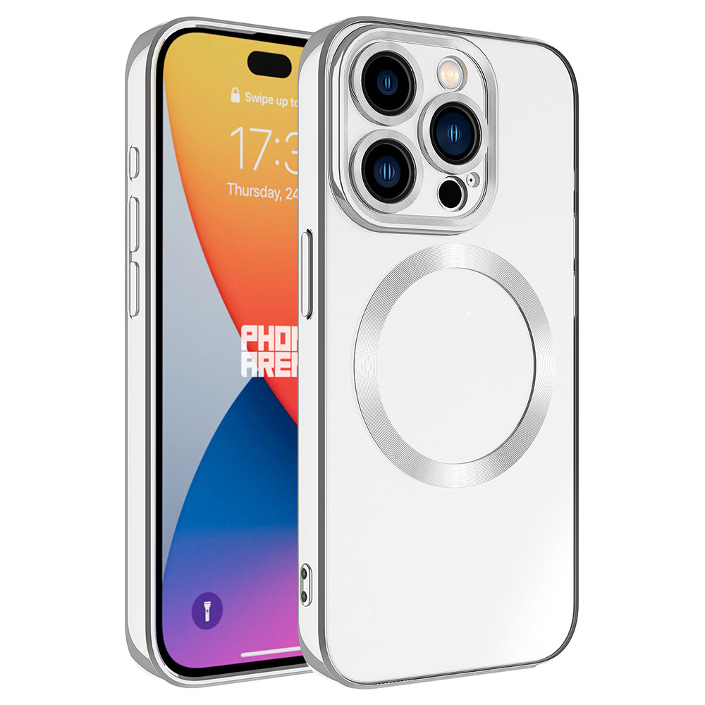 iPhone Uyumlu 15 Pro Max Kılıf M-safe Wireless Şarj Özellikli Zore Setro Silikon-Gümüş