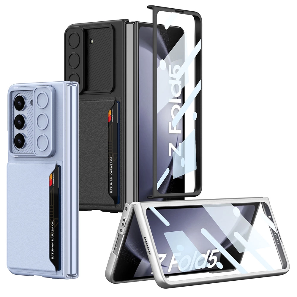 Galaxy Uyumlu Z Fold 5 Suni Deri Arka Yüzey Sürgülü Kamera Korumalı Zore Kartlıklı Kıpta Silikon Kapak
