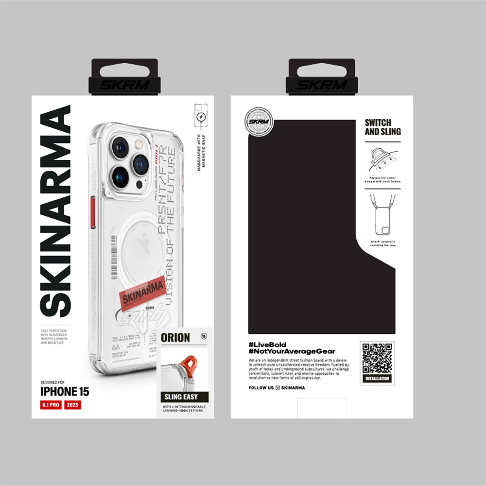 iPhone Uyumlu 15 Pro Kılıf SkinArma M-safe Şarj Özellikli Yazı Desenli Airbag Tasarımlı Orion Kapak