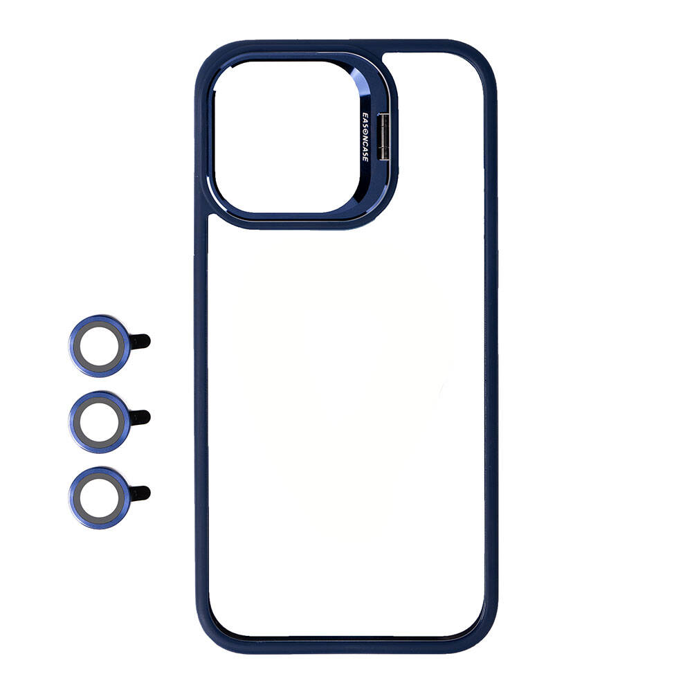 iPhone Uyumlu 15 Pro Kılıf Kamera Lens Korumalı Standlı Zore Klon Lensli Kapak-Lacivert