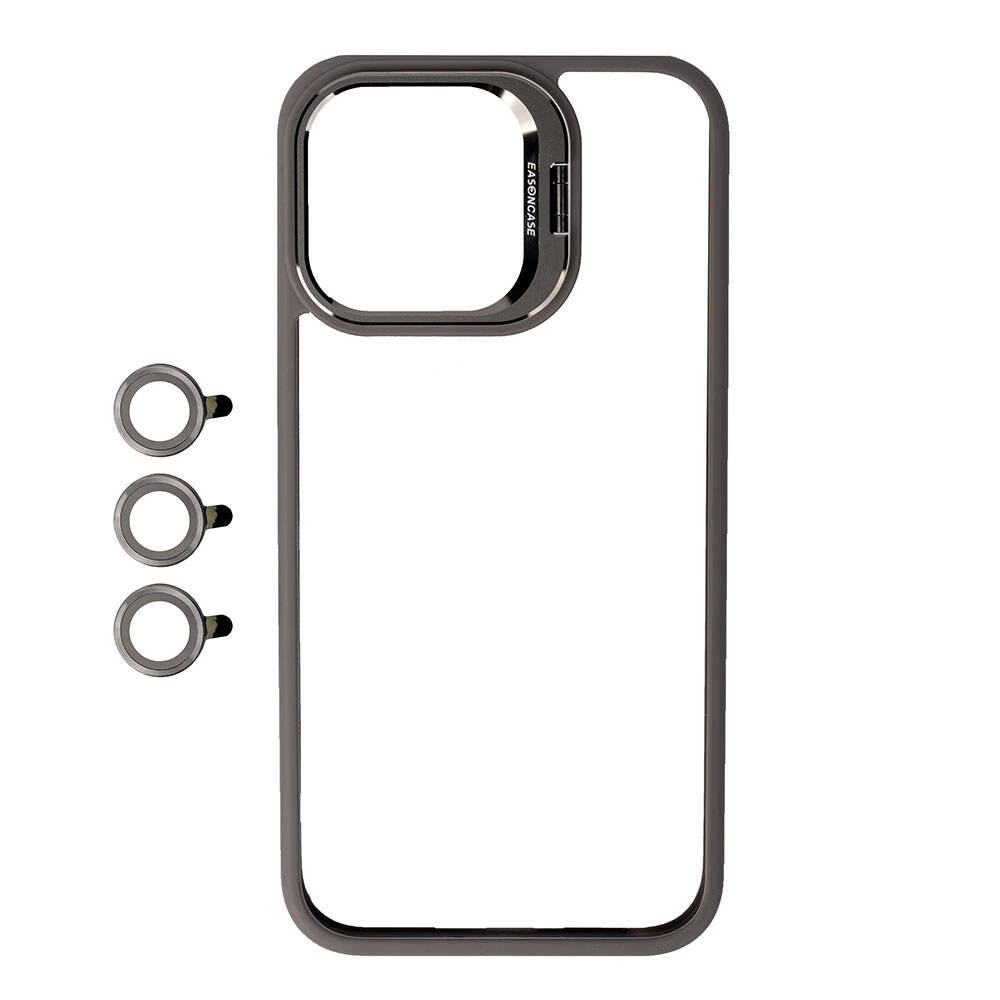 iPhone Uyumlu 15 Pro Max Kılıf Kamera Lens Korumalı Standlı Zore Klon Lensli Kapak-Gri
