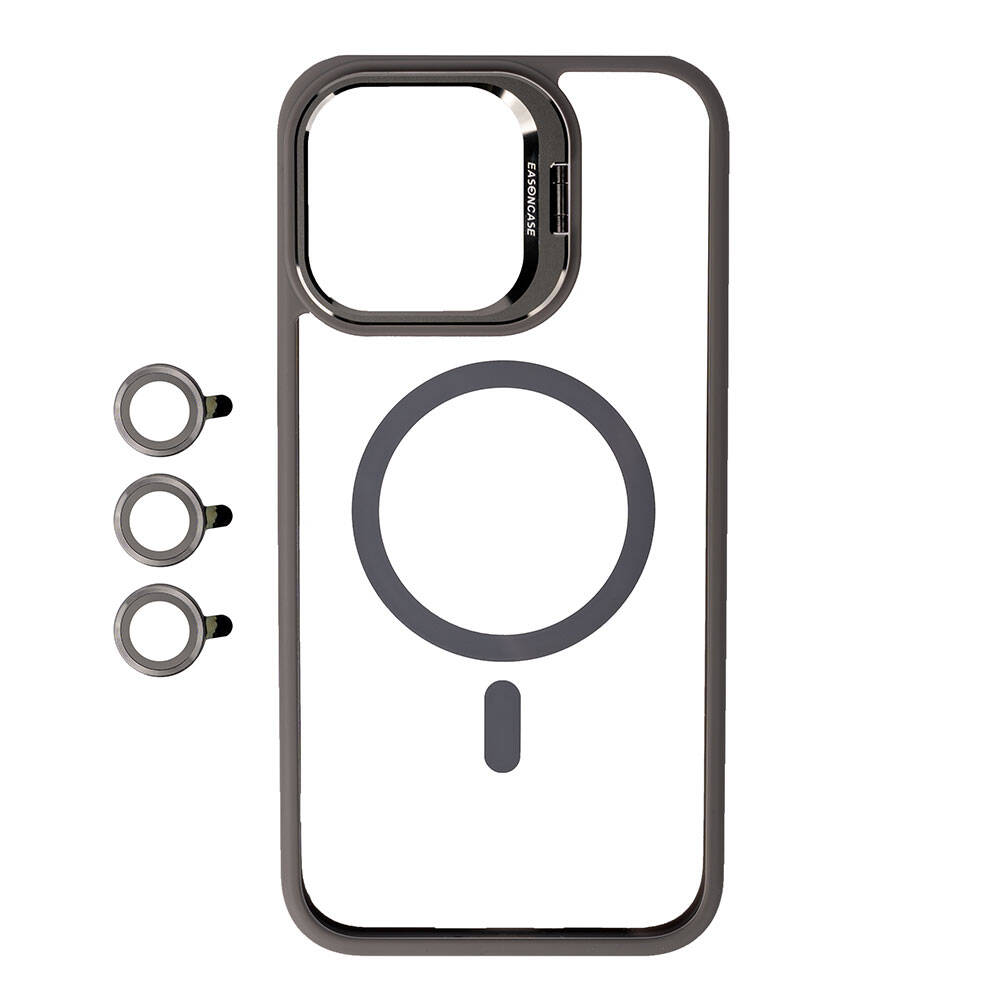 iPhone Uyumlu 15 Pro Kılıf M-safe Şarj Özellikli Standlı Zore M-safe Klon Lensli Kapak-Gri